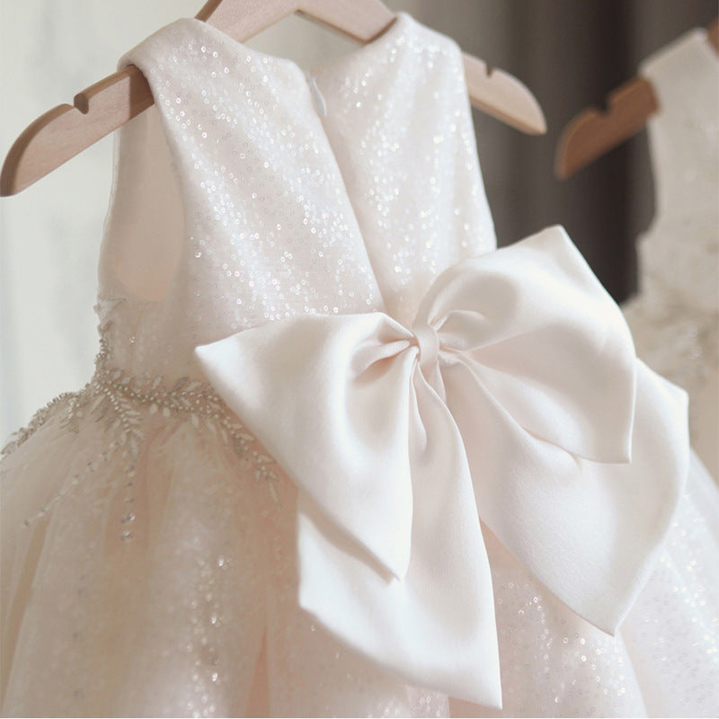 Vestido Infantil De Festa Branco Brilhante com Flores