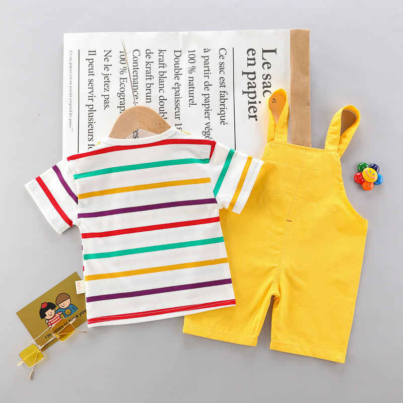 Conjunto Dinossauro — Camiseta Listrada + Jardineira