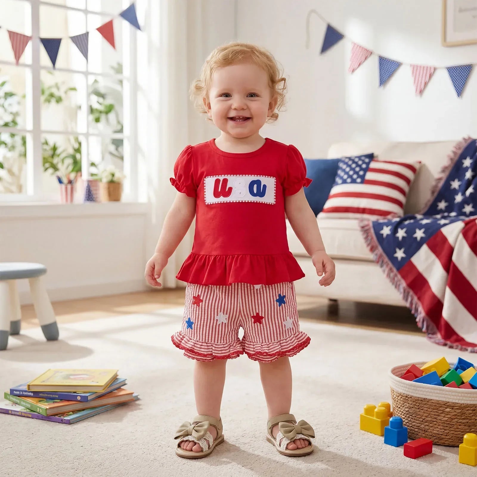 Conjunto Infantil — Blusa com Mangas Franzidas + Shorts com Estrelas