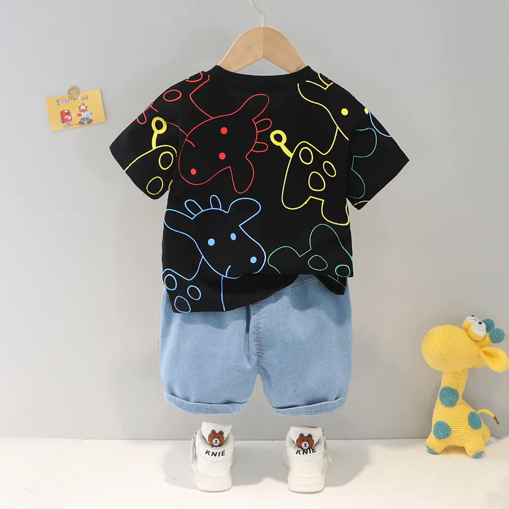 Conjunto Infantil Girafa — Camiseta Estampada + Bermuda Jeans
