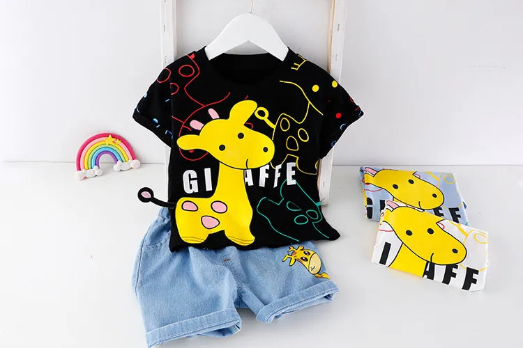 Conjunto Infantil Girafa — Camiseta Estampada + Bermuda Jeans
