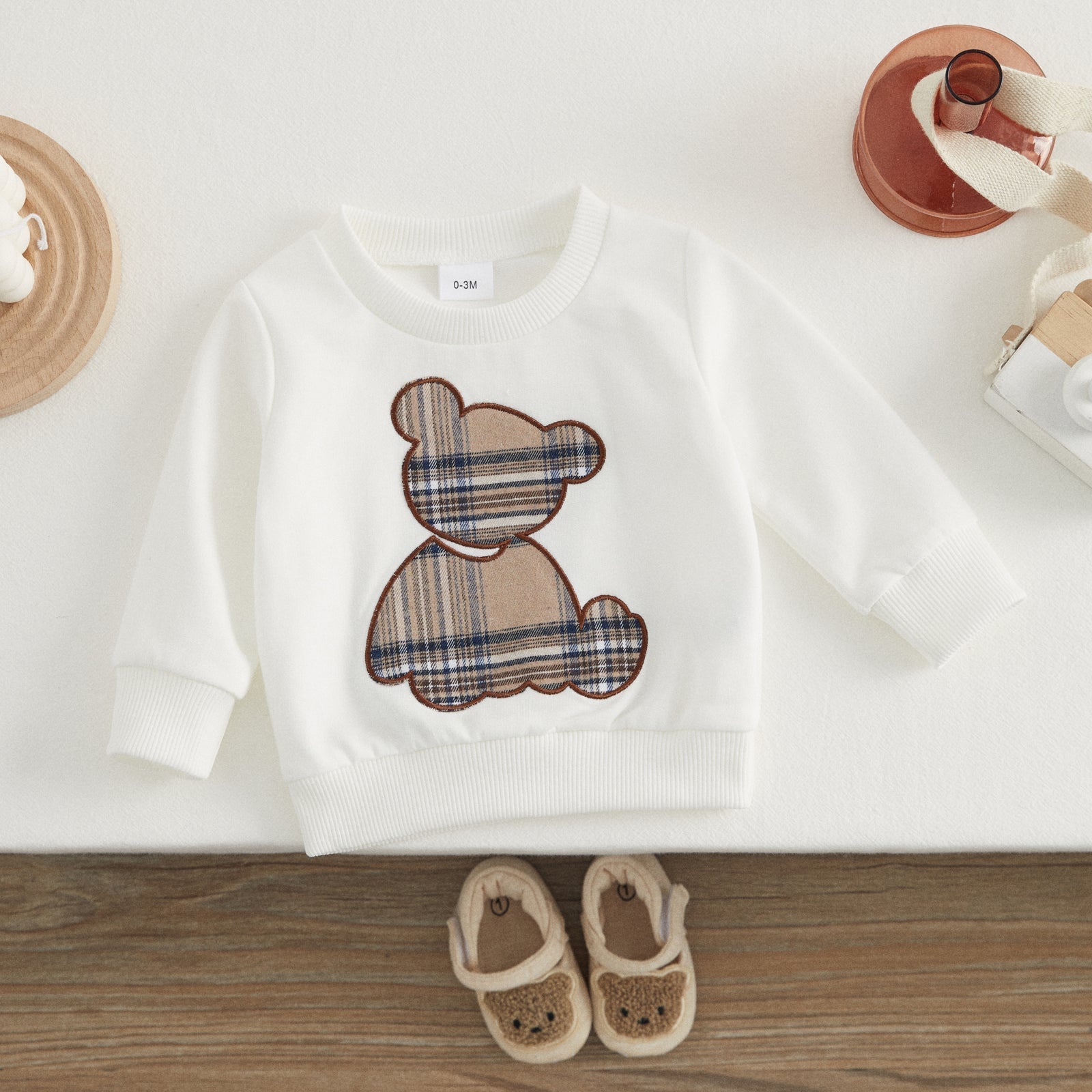 Conjunto Bebê Moletom Ursinho Xadrez — Blusa + Calça Off-White