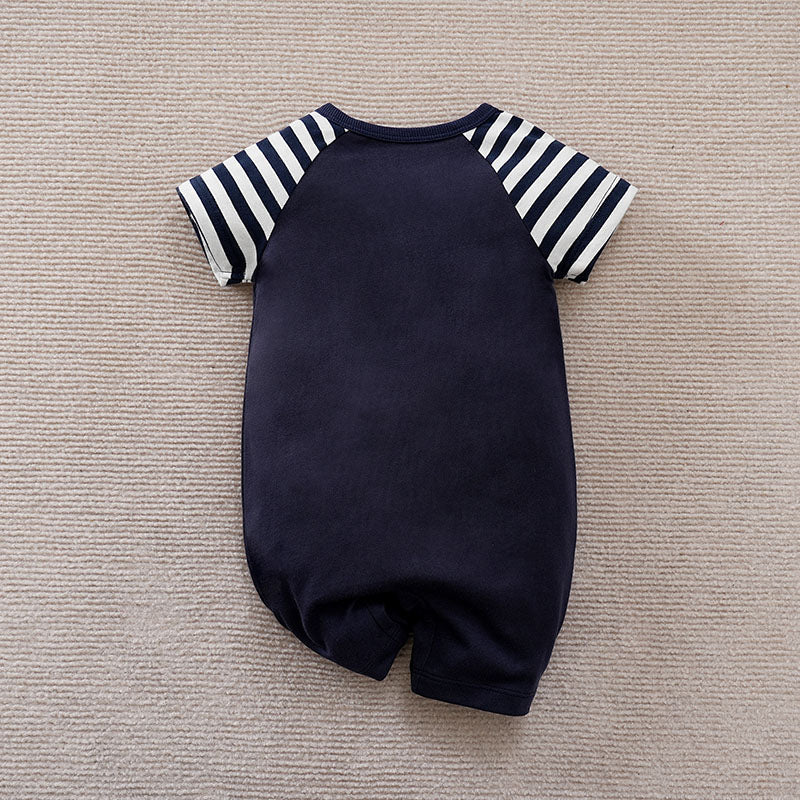 Macacão Bebê Jardineira Astronauta — Body Listrado + Jardineira Azul