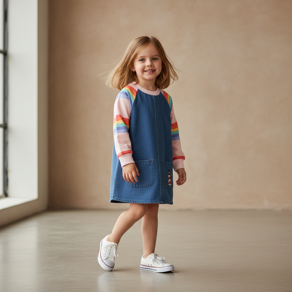 Vestido Infantil Jeans com Manga Arco-Íris — Azul