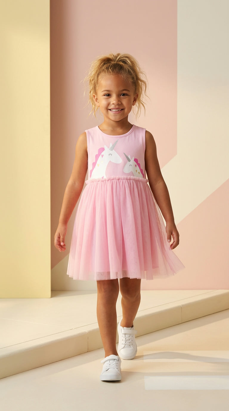 Vestido Infantil Unicórnio com Saia de Tule — Rosa