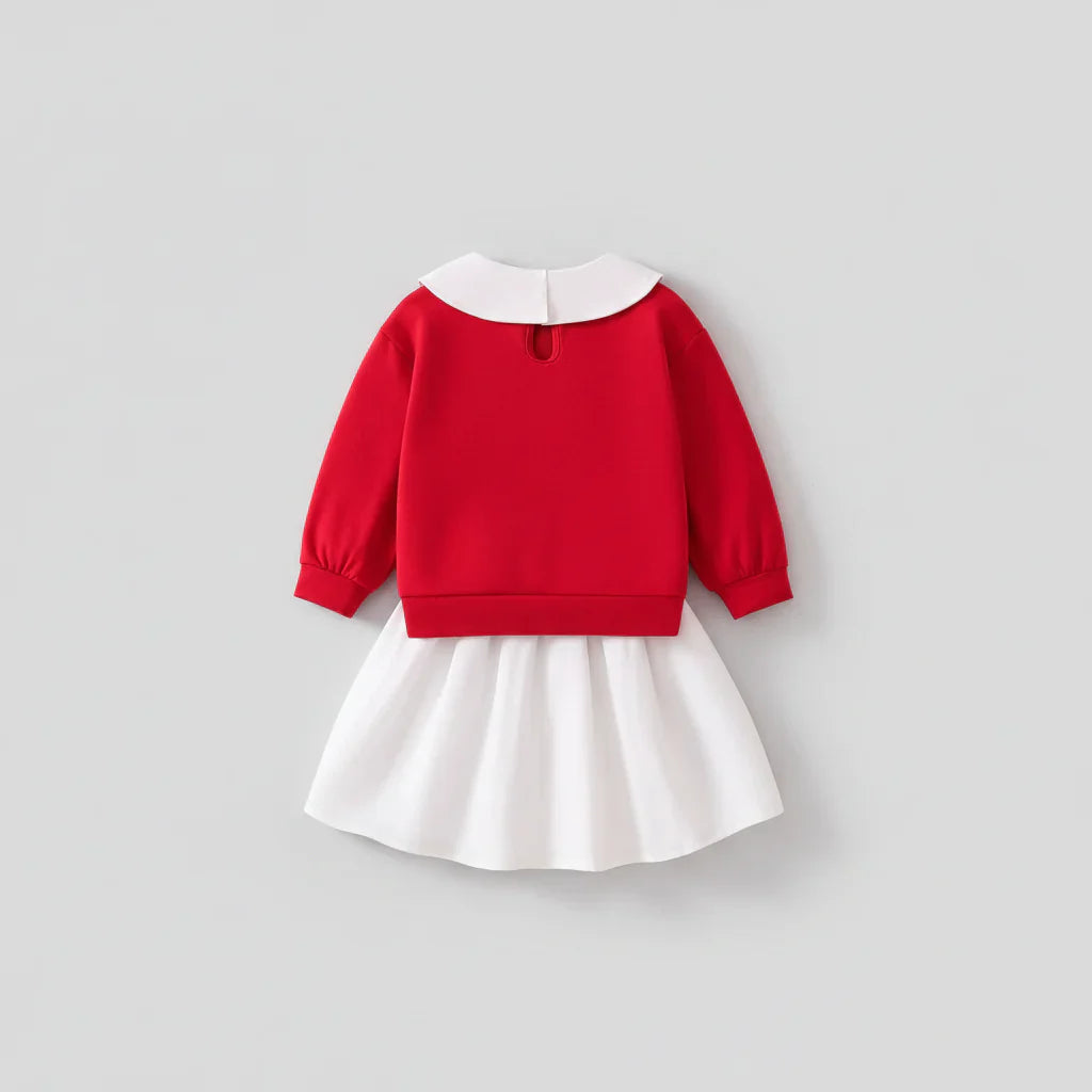Conjunto Infantil Encanto Clássico — Blusa com Laço de Renda Vermelha + Saia Branca