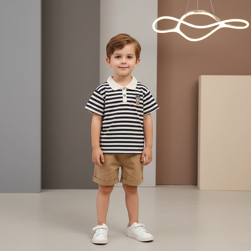Conjunto Infantil Polo Listrado com Ursinho — Camisa + Bermuda Caramelo