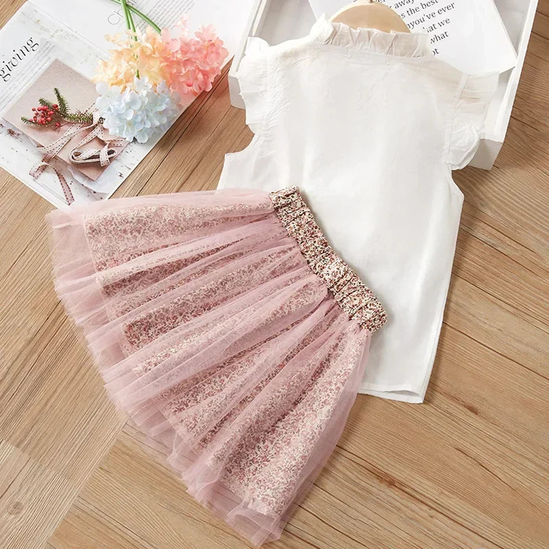 Conjunto Infantil Jardim Encantado — Top de Renda Branca + Saia de Tule Floral Rosa