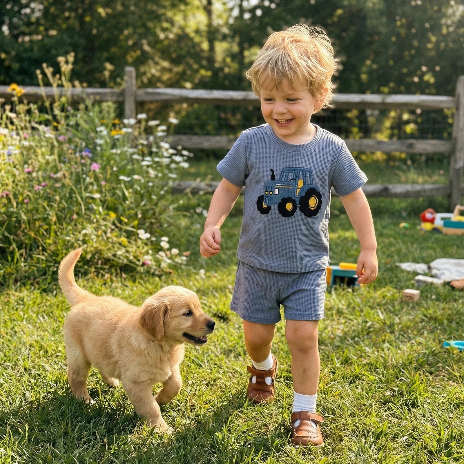 Conjunto Infantil Waffle Trator — Camiseta + Shorts