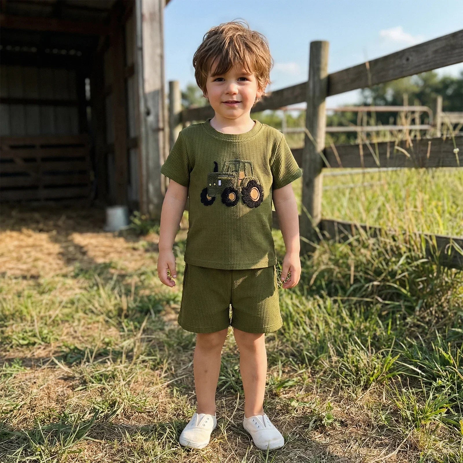 Conjunto Infantil Waffle Trator — Camiseta + Shorts