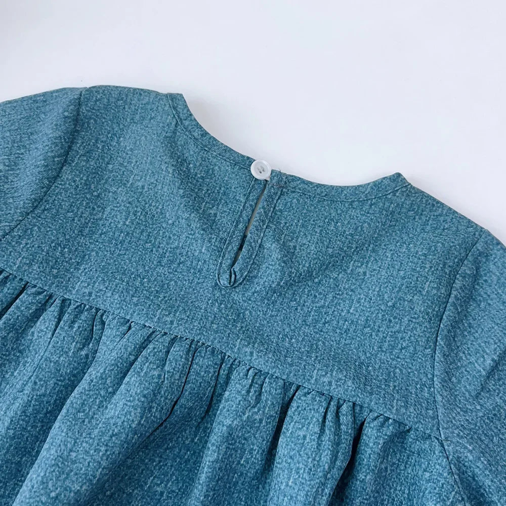 Vestido Infantil Azul-Petróleo Encanto Floral — Pala Bordada + Mangas Bufantes