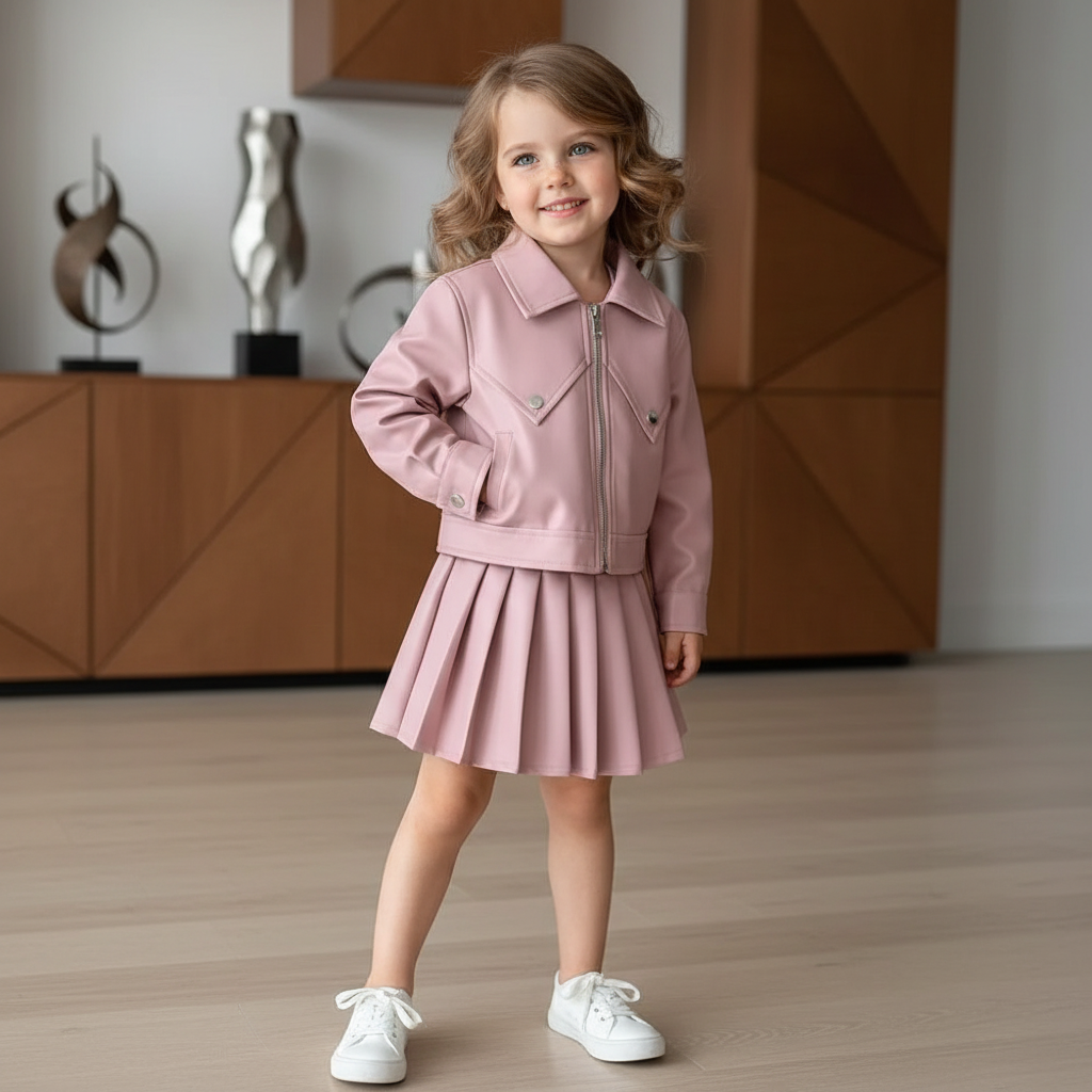 Conjunto Infantil Estilo Urbano — Jaqueta de Couro Sintético + Vestido de Saia Plissada