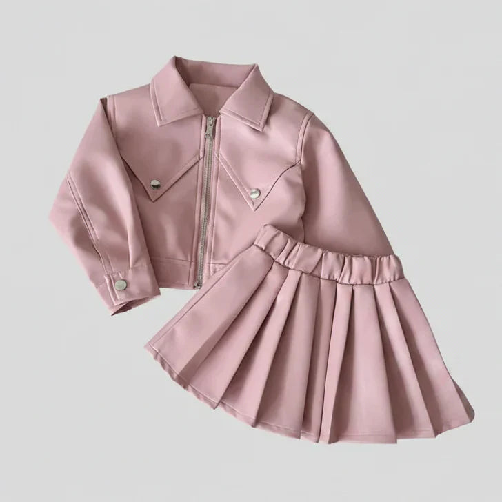 Conjunto Infantil Estilo Urbano — Jaqueta de Couro Sintético + Vestido de Saia Plissada