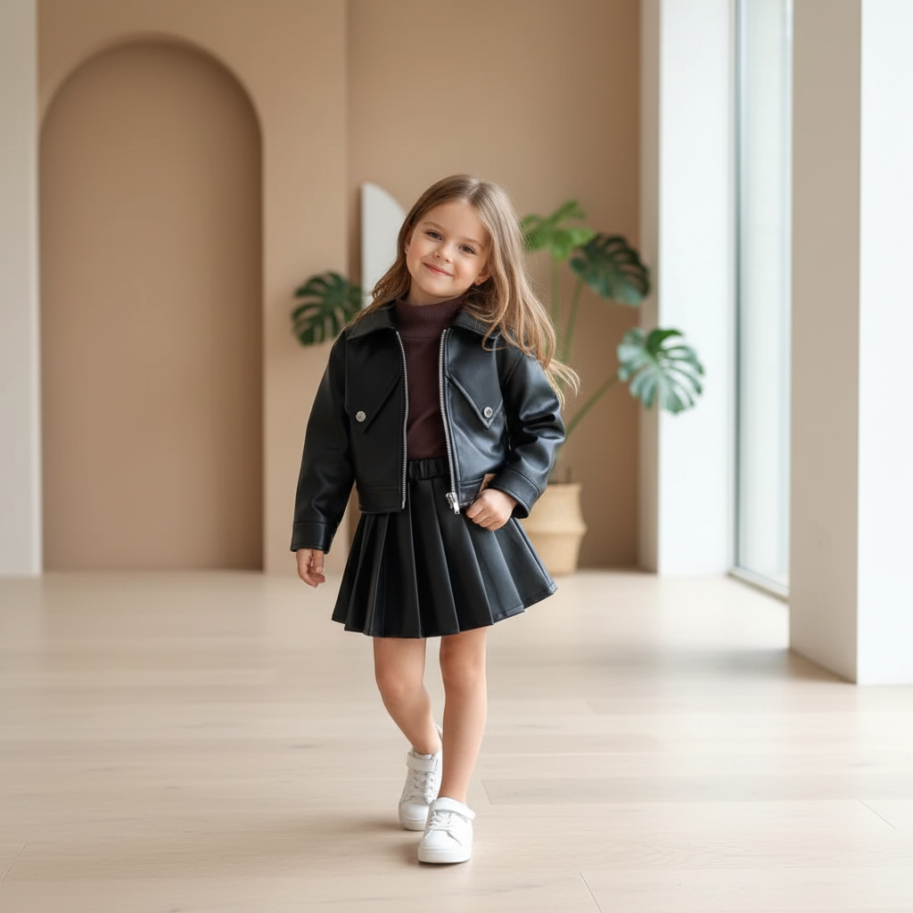 Conjunto Infantil Estilo Urbano — Jaqueta de Couro Sintético + Vestido de Saia Plissada
