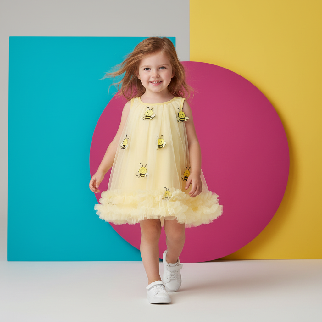 Vestido Infantil Azul Waffle — Babados + Bordado de Insetos Fofos