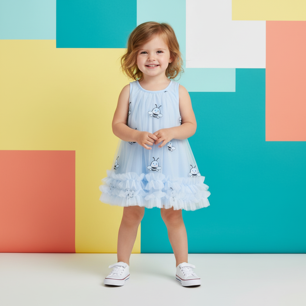 Vestido Infantil Azul Waffle — Babados + Bordado de Insetos Fofos