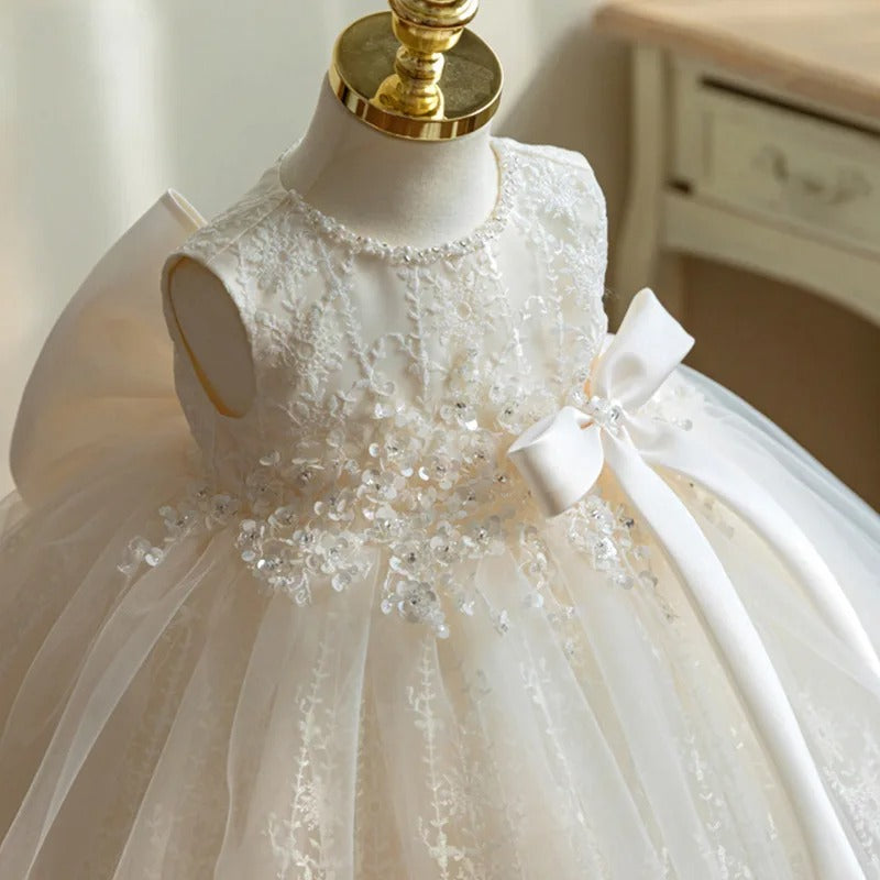 Vestido Infantil De Festa Branco Brilhante com Flores