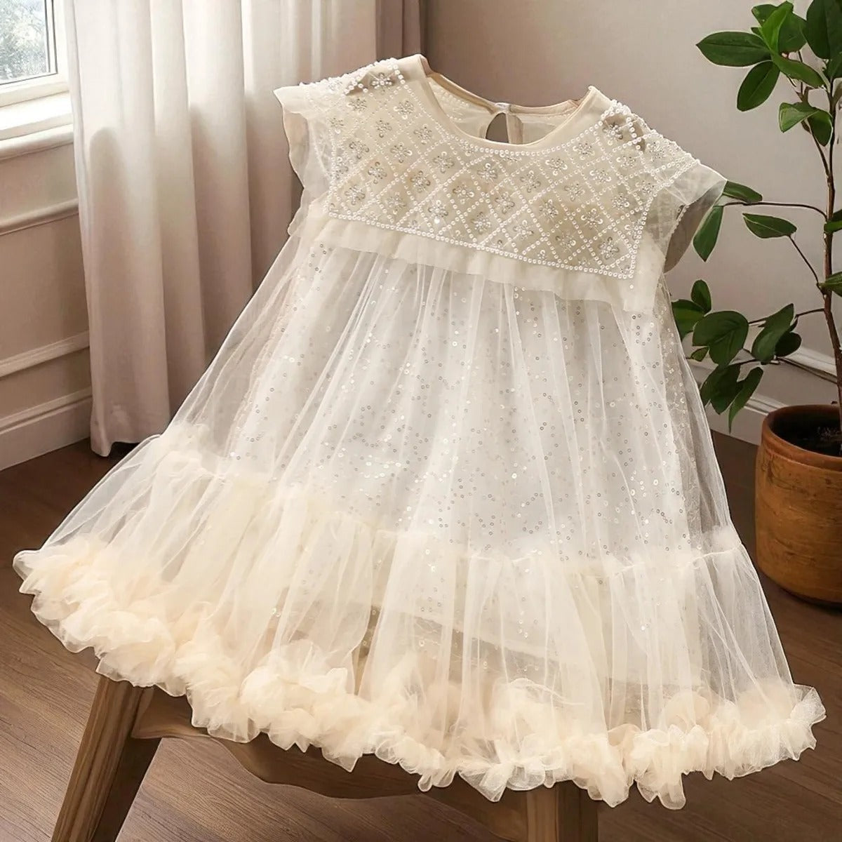 Vestido Infantil Luxo Tule Bordado com Brilho Festa Princesa