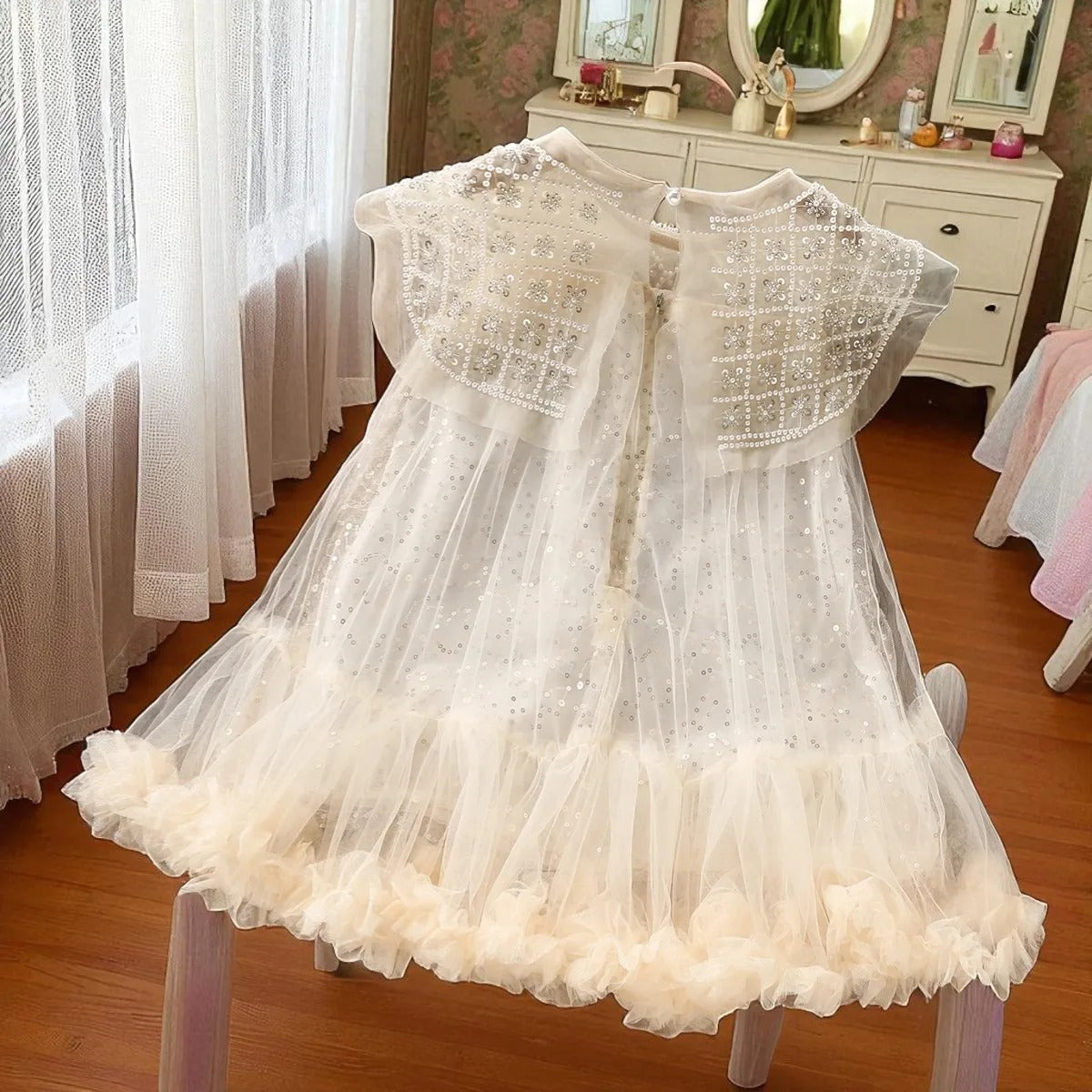 Vestido Infantil Luxo Tule Bordado com Brilho Festa Princesa