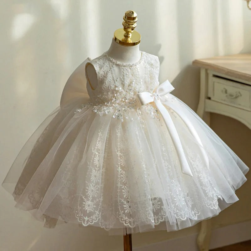 Vestido Infantil De Festa Branco Brilhante com Flores