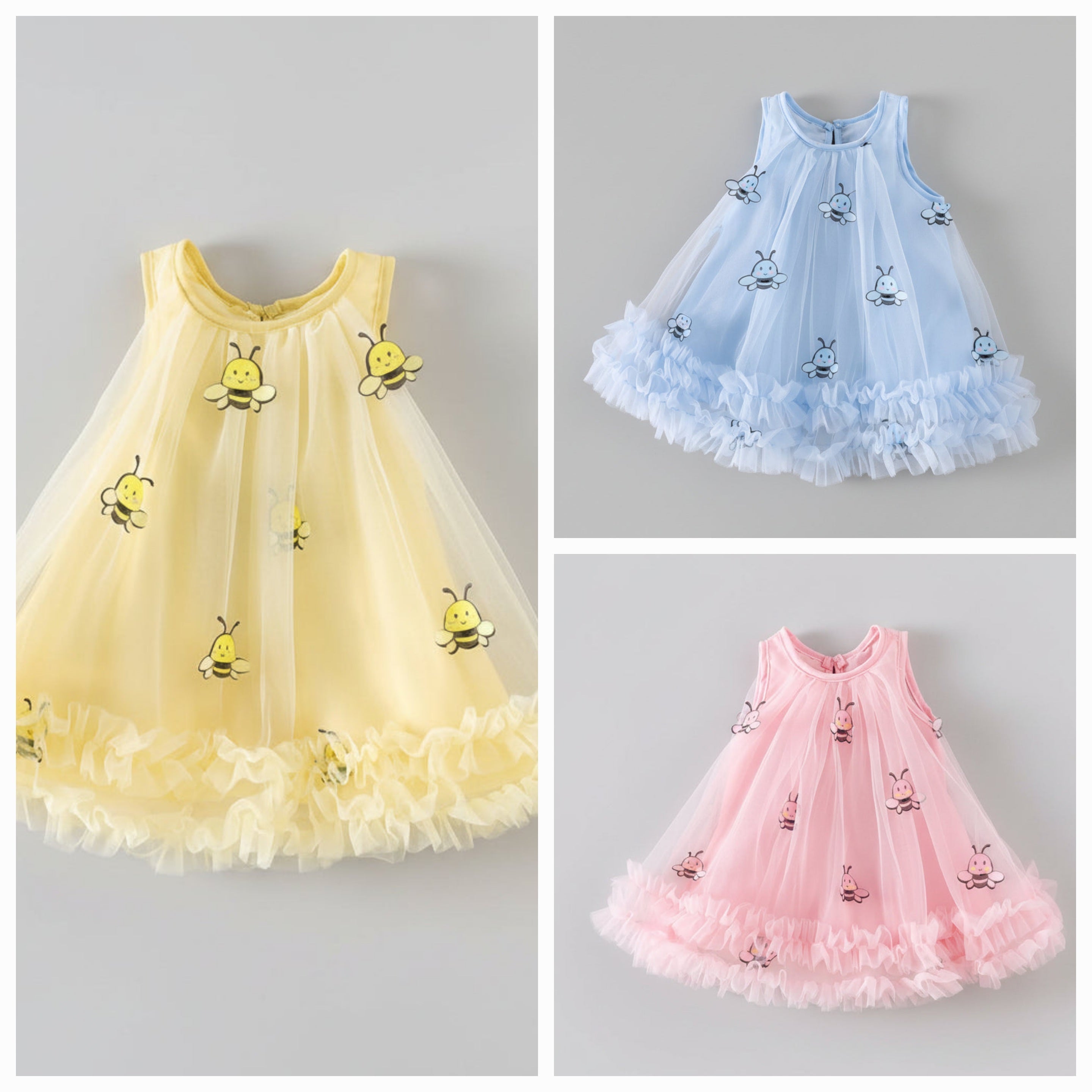 Vestido Infantil Azul Waffle — Babados + Bordado de Insetos Fofos