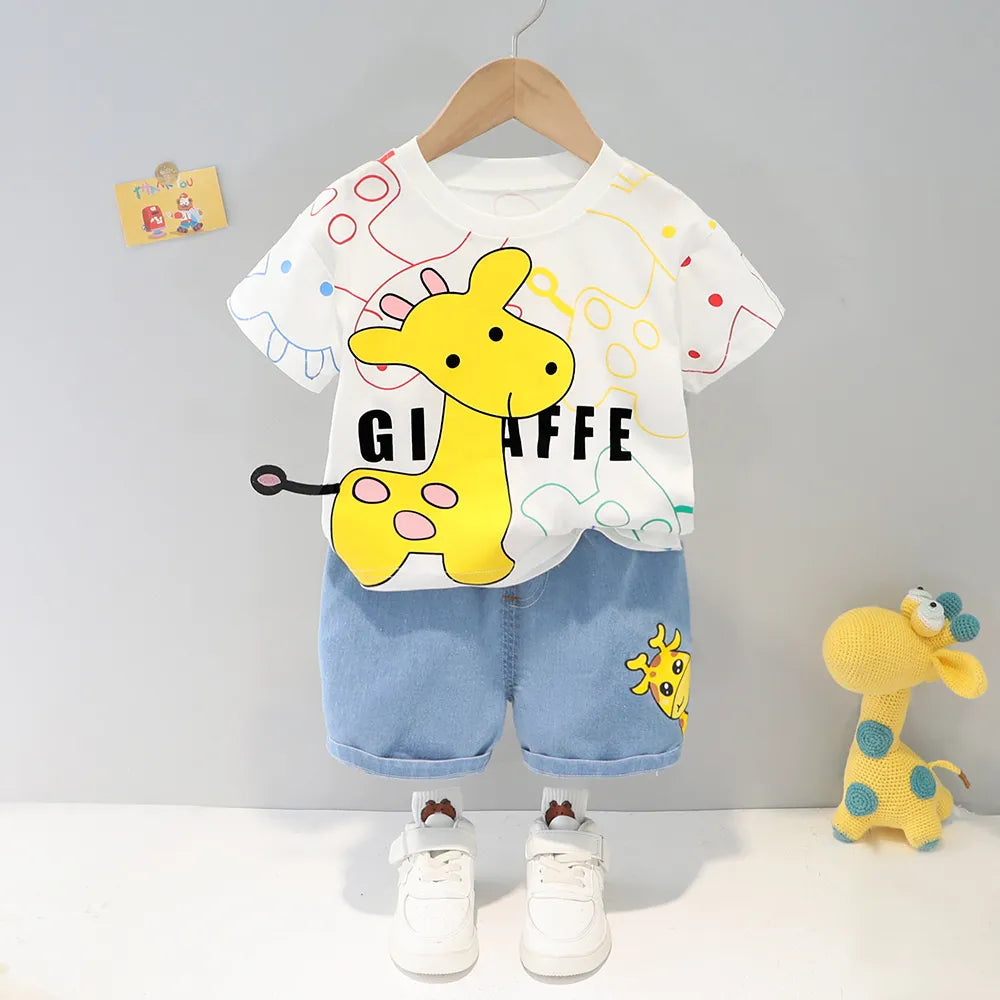 Conjunto Infantil Girafa — Camiseta Estampada + Bermuda Jeans