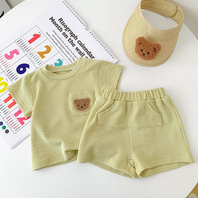 Conjunto Bebê Waffle Ursinho no Bolso — Camiseta + Shorts