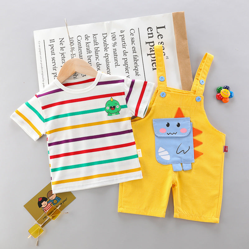Conjunto Dinossauro — Camiseta Listrada + Jardineira