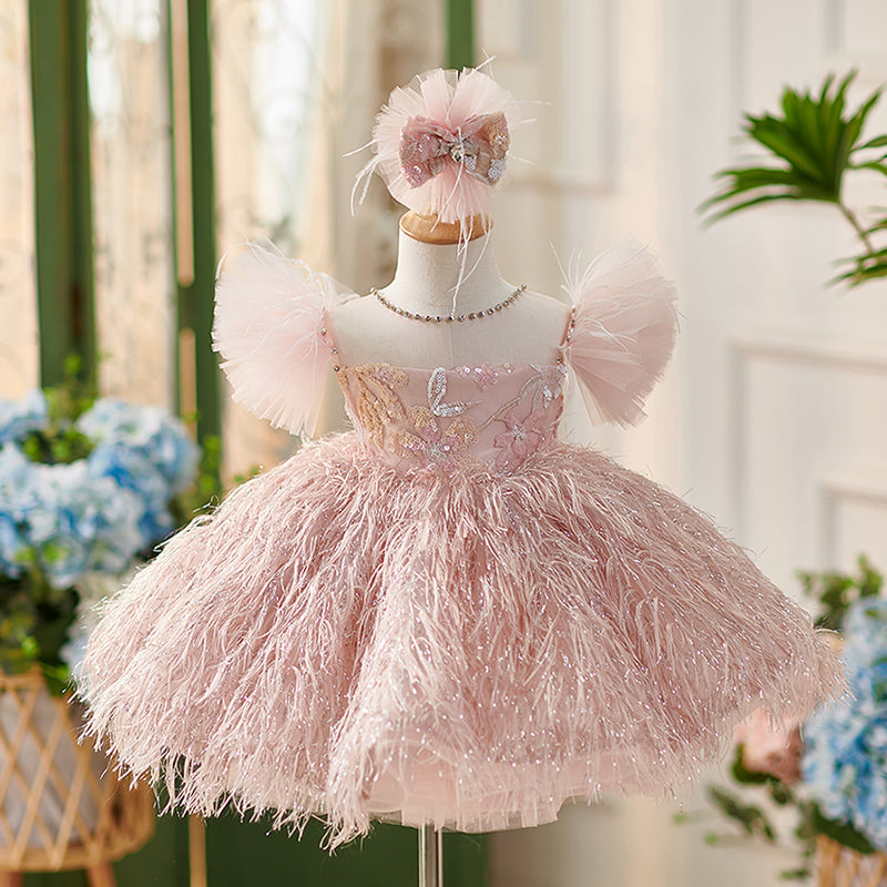 Vestido Infantil Luxo Rosa com Plumas | Festa e Cerimônia