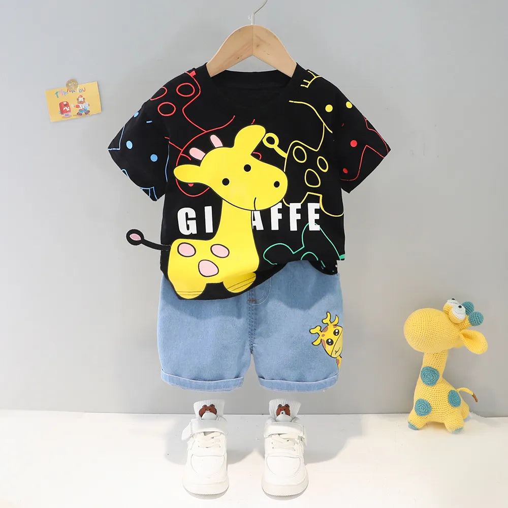 Conjunto Infantil Girafa — Camiseta Estampada + Bermuda Jeans