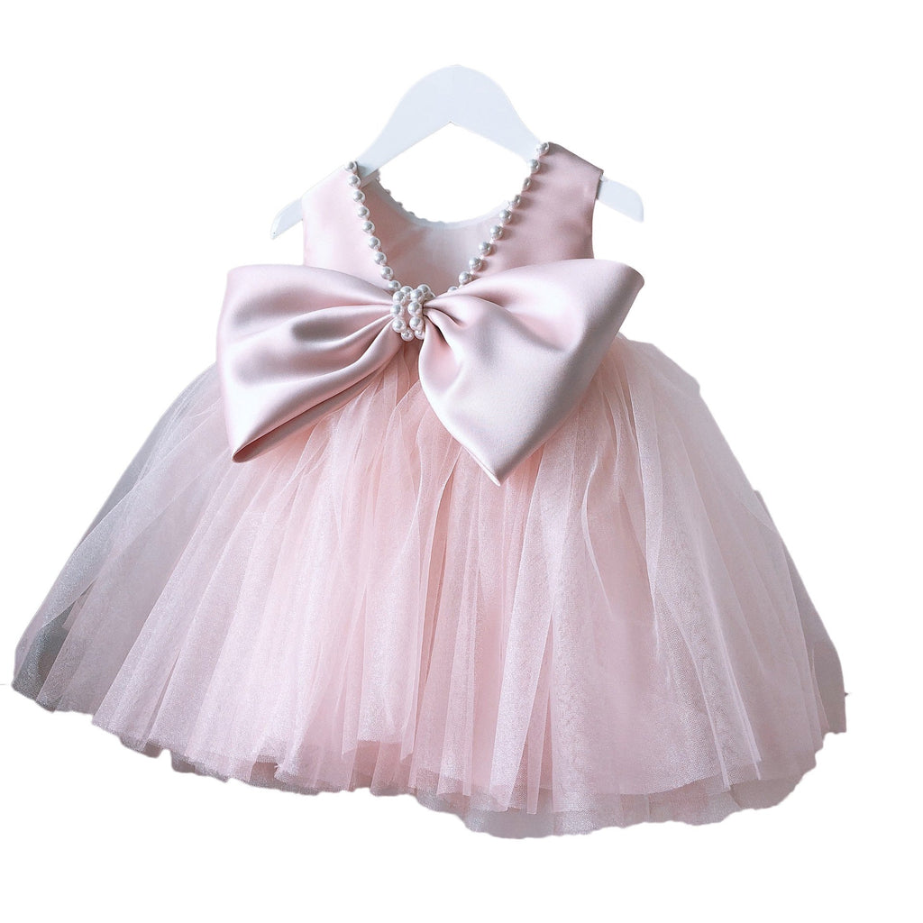Vestido Infantil de Festa com Laço Grande e Detalhes em Pérolas