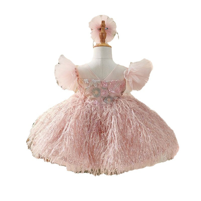 Vestido Infantil Luxo Rosa com Plumas | Festa e Cerimônia