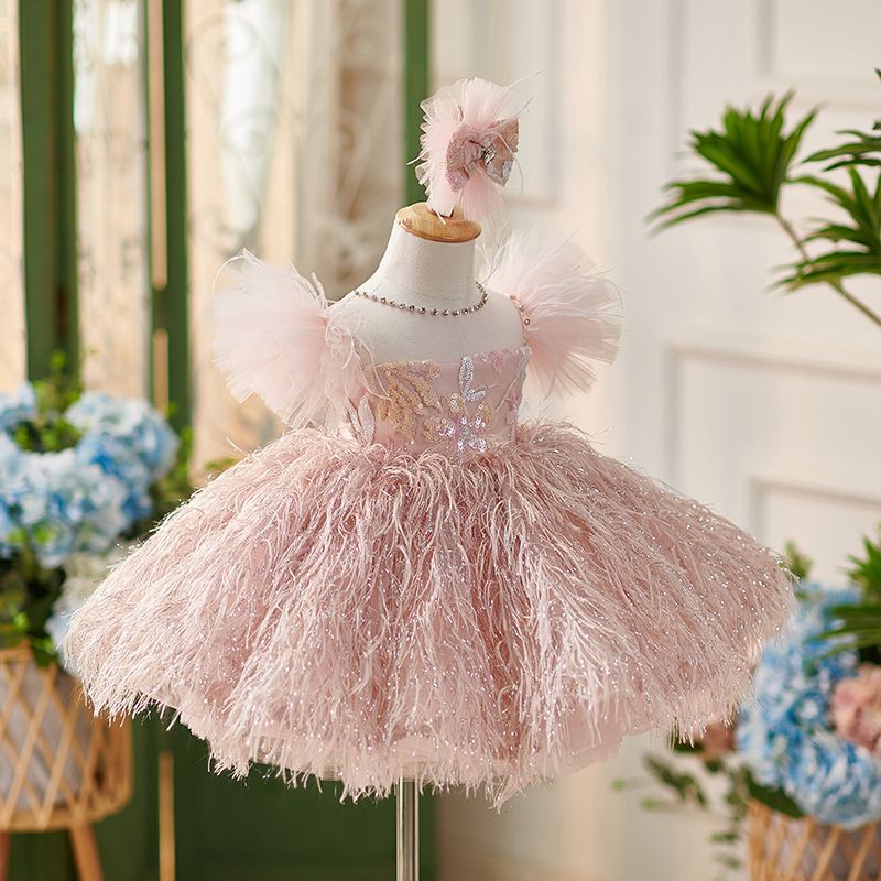 Vestido Infantil Luxo Rosa com Plumas | Festa e Cerimônia