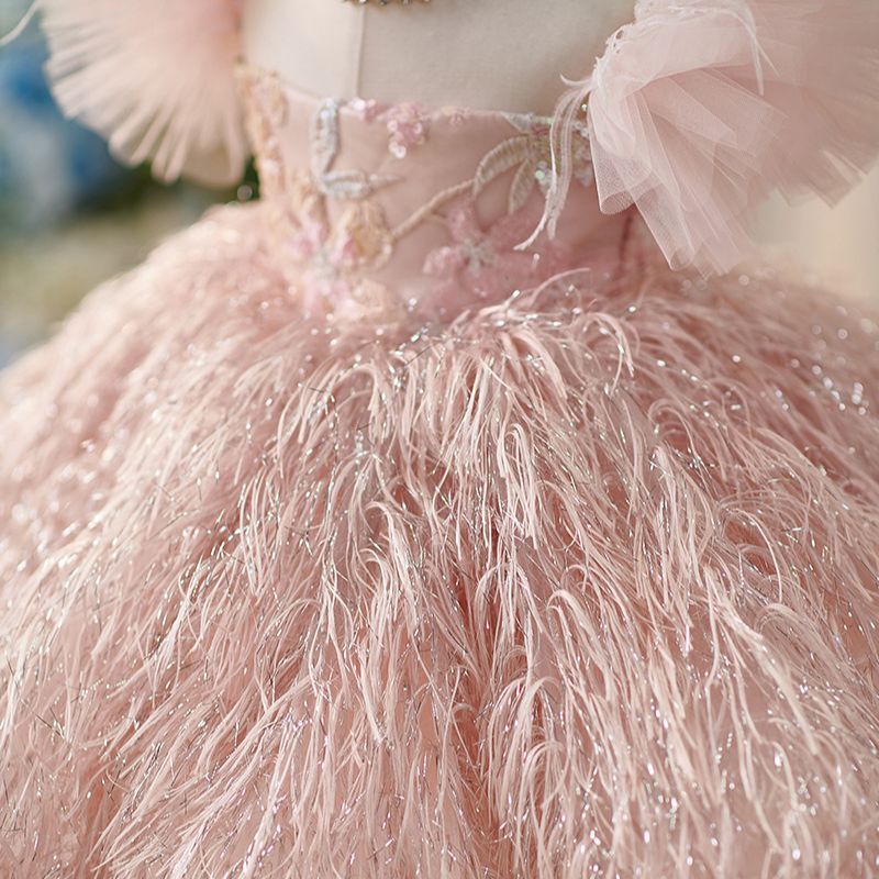 Vestido Infantil Luxo Rosa com Plumas | Festa e Cerimônia