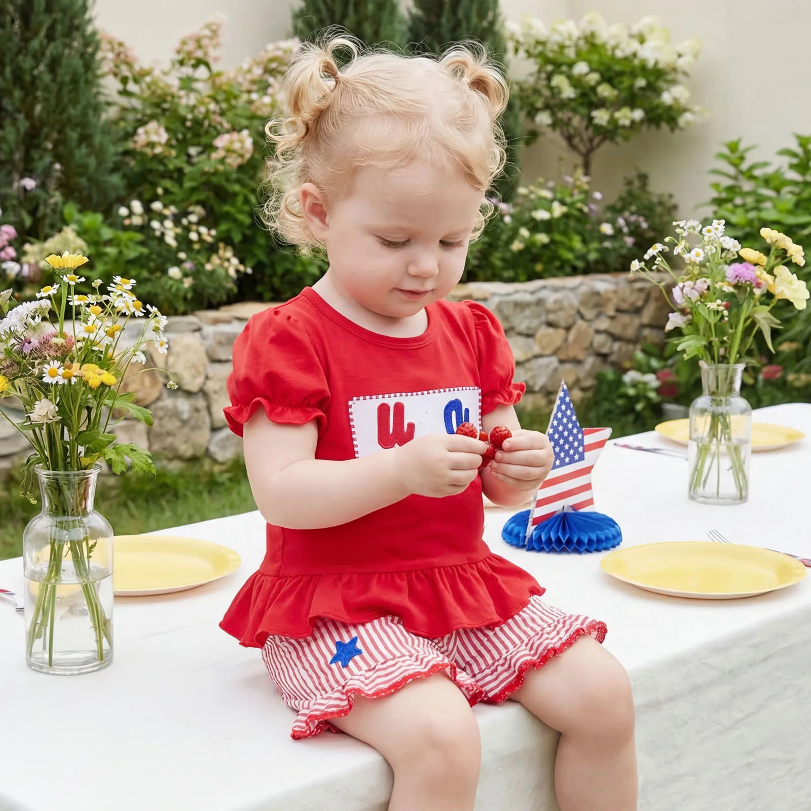 Conjunto Infantil  — Blusa com Mangas Franzidas + Shorts com Estrelas