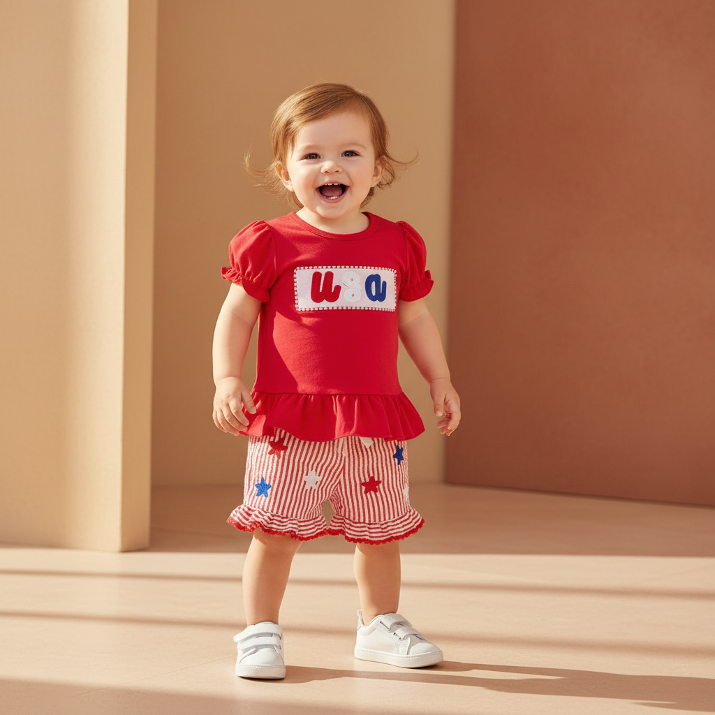 Conjunto Infantil  — Blusa com Mangas Franzidas + Shorts com Estrelas