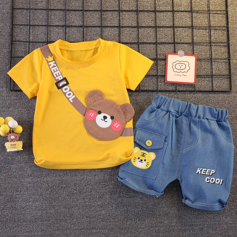 Conjunto Infantil Keep Cool Ursinho — Camiseta Amarela + Bermuda Jeans