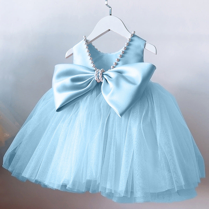 Vestido Infantil de Festa com Laço Grande e Detalhes em Pérolas