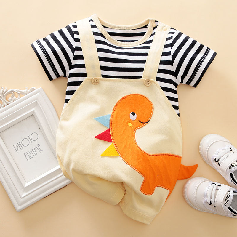 Conjunto Dinossauro — Camiseta Listrada + Jardineira Amarela
