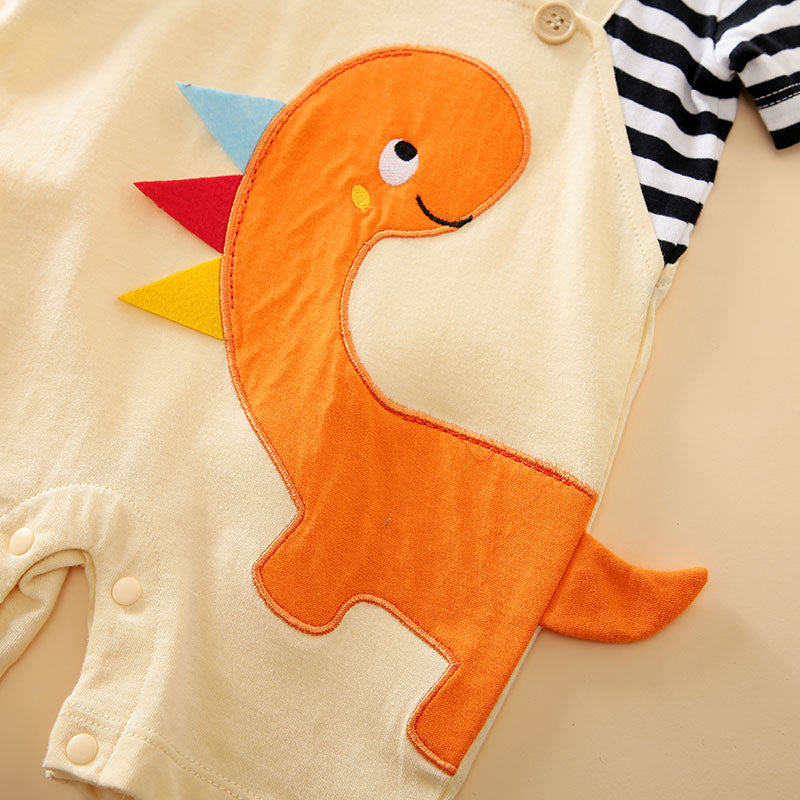 Conjunto Dinossauro — Camiseta Listrada + Jardineira Amarela