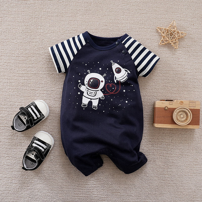Macacão Bebê Jardineira Astronauta — Body Listrado + Jardineira Azul