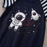 Macacão Bebê Jardineira Astronauta — Body Listrado + Jardineira Azul