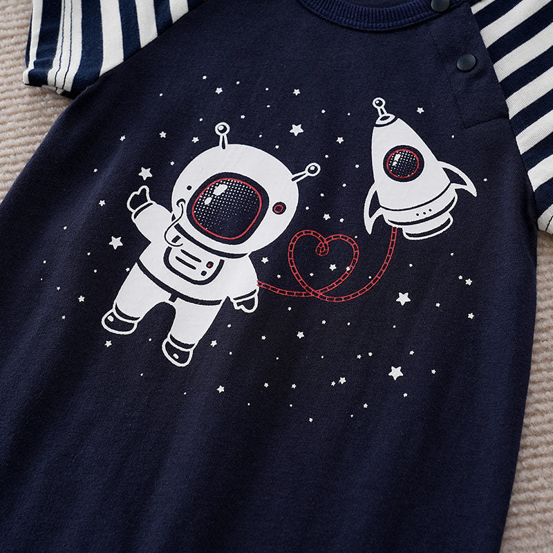 Macacão Bebê Jardineira Astronauta — Body Listrado + Jardineira Azul