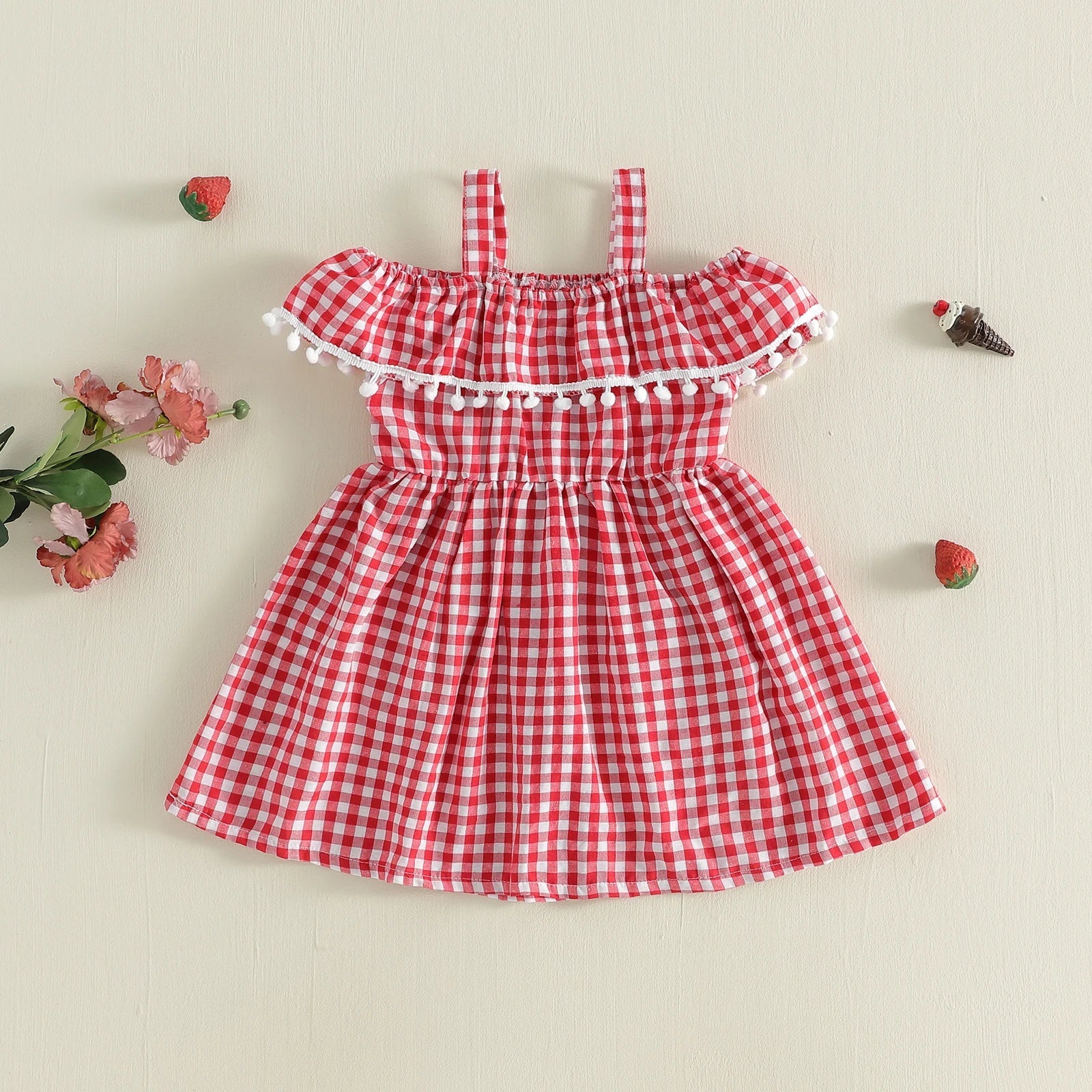 Vestido Infantil Xadrez Moranguinho — Vermelho com Estampa de Morangos