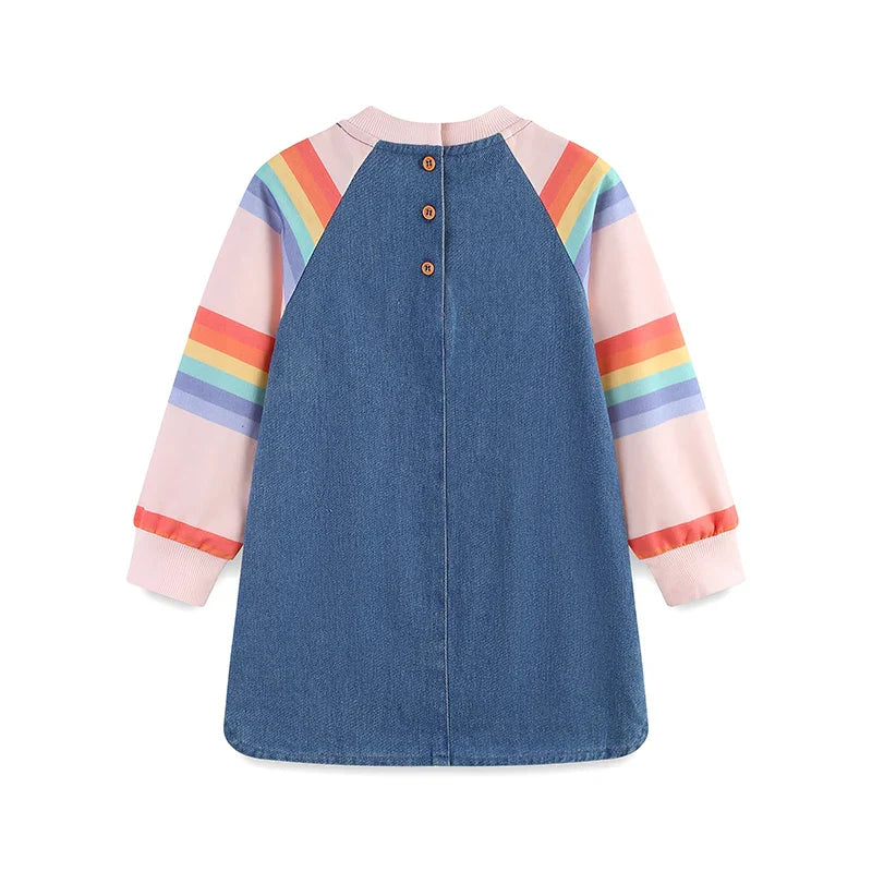 Vestido Infantil Jeans com Manga Arco-Íris — Azul