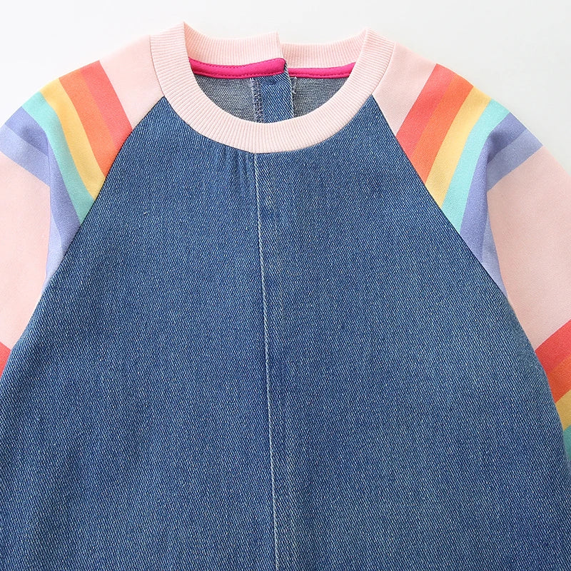 Vestido Infantil Jeans com Manga Arco-Íris — Azul