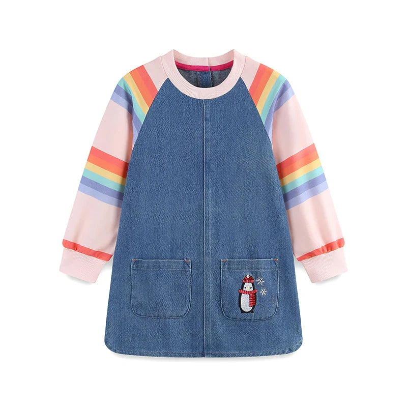 Vestido Infantil Jeans com Manga Arco-Íris — Azul