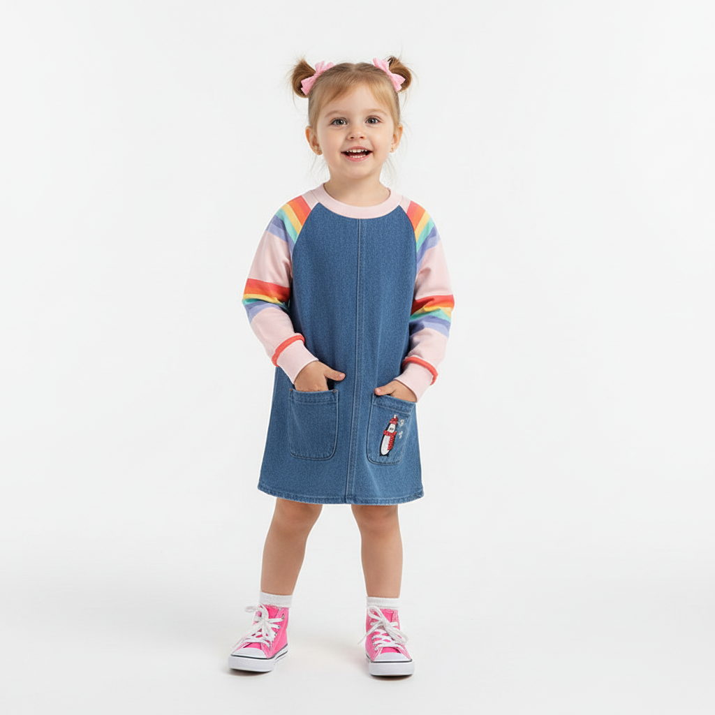 Vestido Infantil Jeans com Manga Arco-Íris — Azul