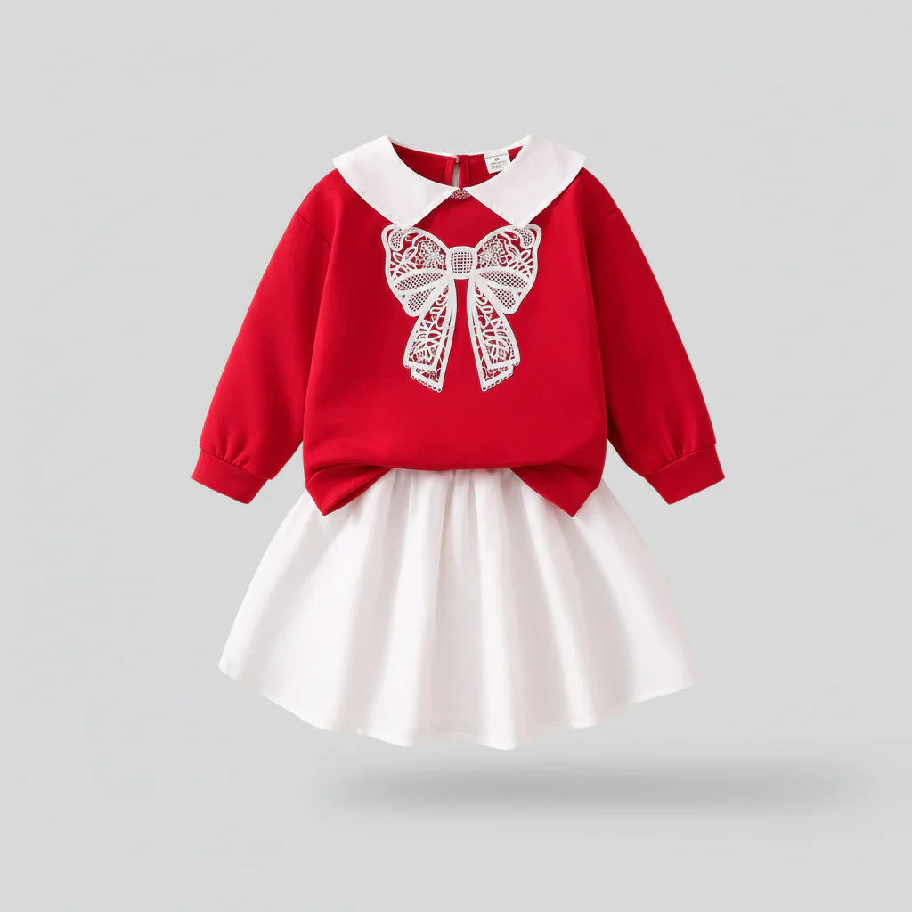 Conjunto Infantil Encanto Clássico — Blusa com Laço de Renda Vermelha + Saia Branca