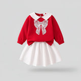 Conjunto Infantil Encanto Clássico — Blusa com Laço de Renda Vermelha + Saia Branca